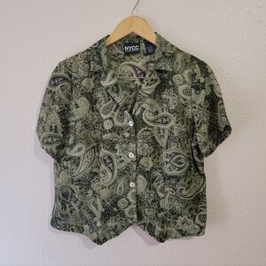 NYCC New York Clothing Co. Olive Green Khaki Cream Black Paisley button-up shirt